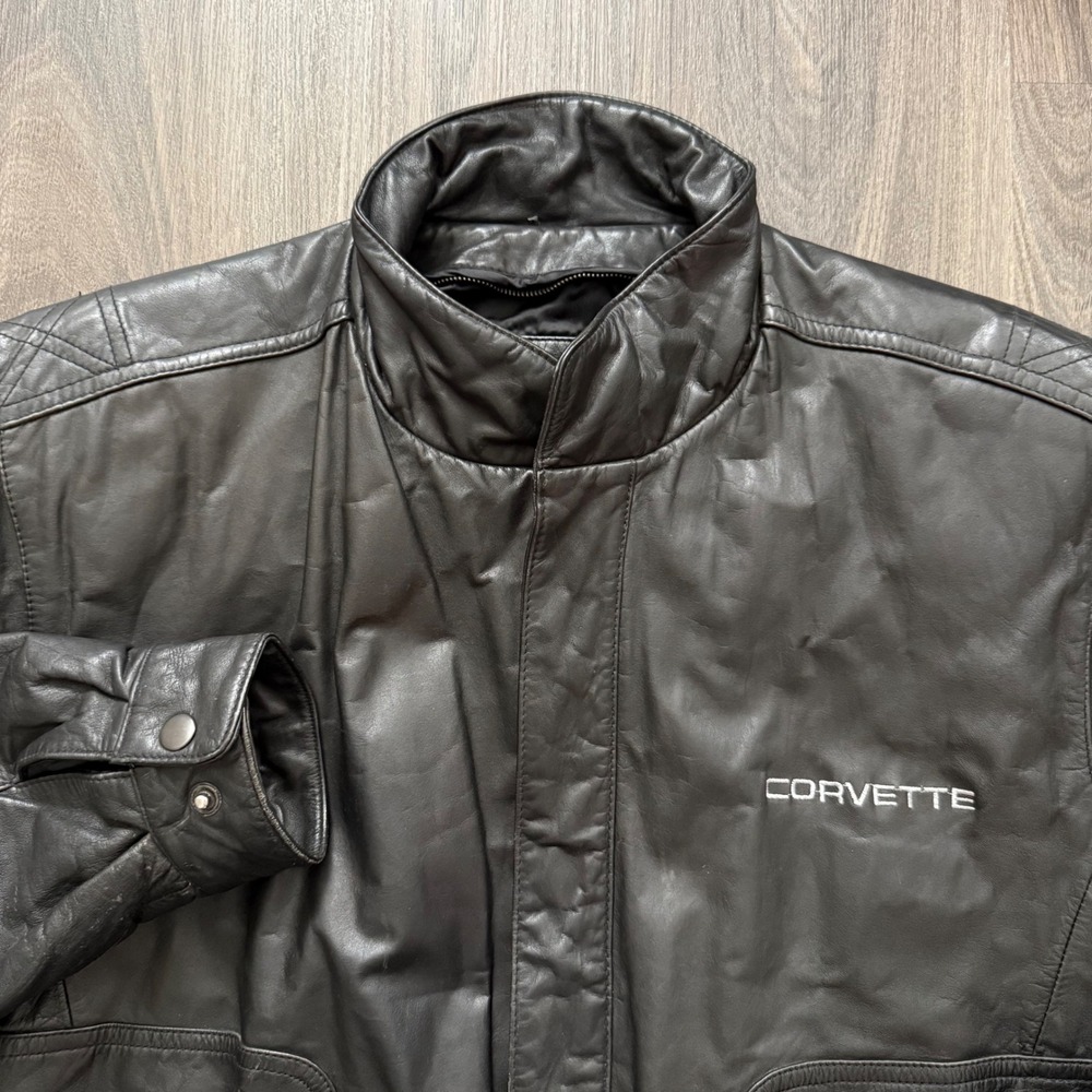 Reed Sportswear Corvette Black Leather Bomber Jacket Mens XL Vintage Racing Moto - Picture 1 of 11